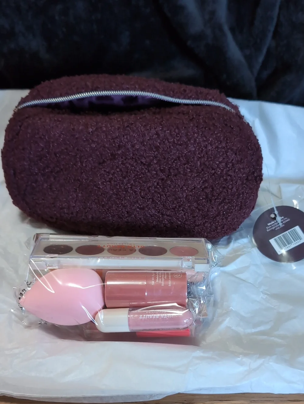 Ulta Beauty Plum Cosmetic Bag with Neutral Eyeshadow Palette & Pink Sponge